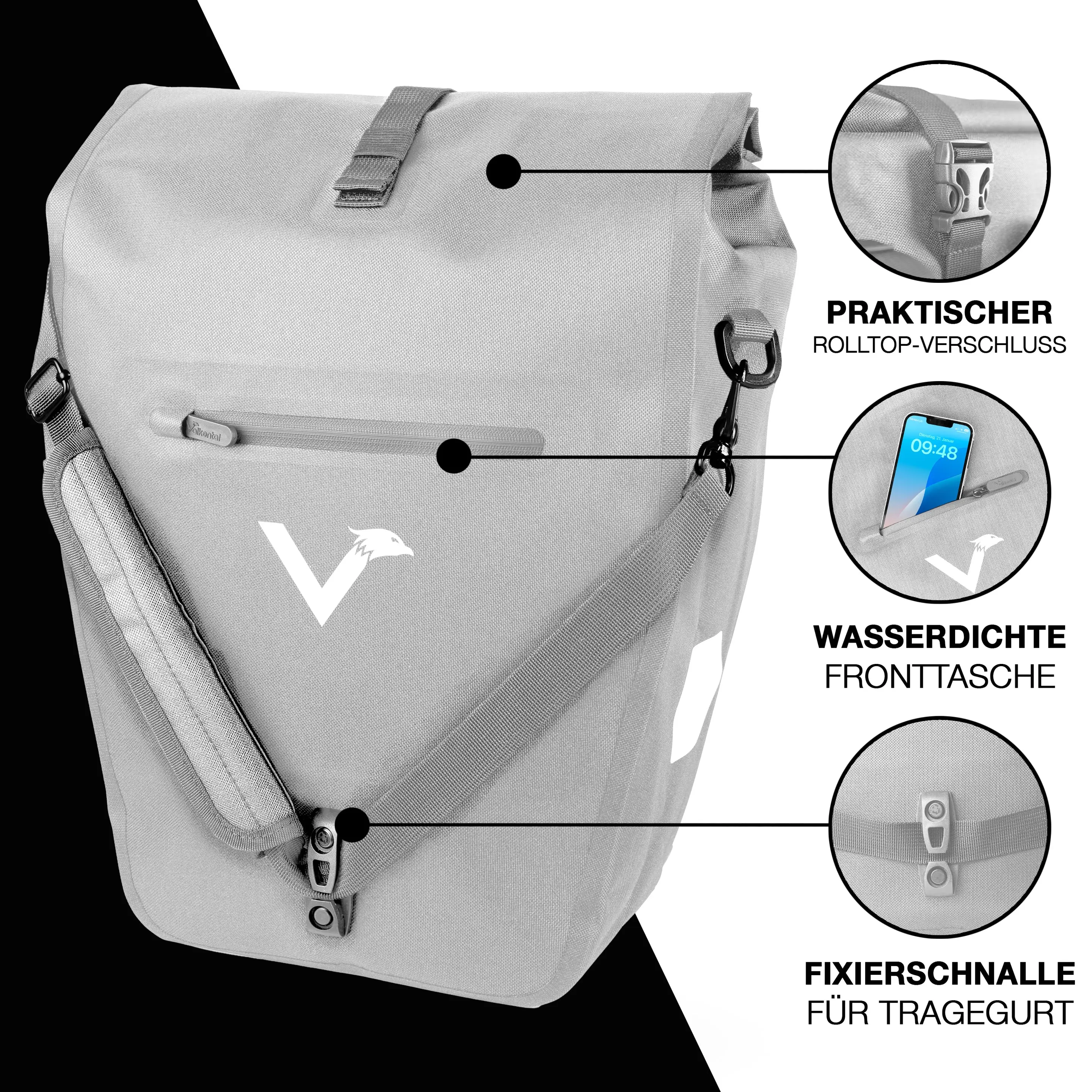 Valkental ValkOcean - Praktische & schicke 2in1 Gepäckträgertasche Space Grey Valkental ValkBasic - große & wasserdichte Gepäckträgertasche Reflective